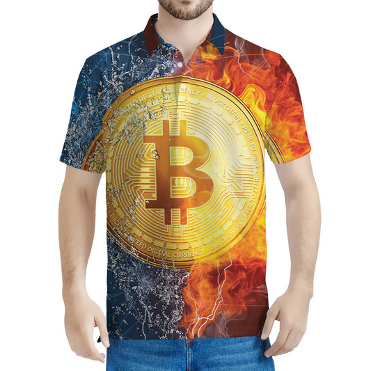 Fire And Water Bitcoin Print Men's Polo Shirt