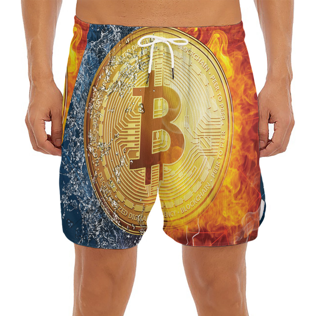 Fire And Water Bitcoin Print Men's Split Running Shorts