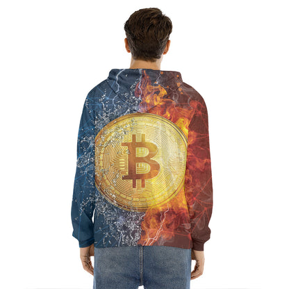 Fire And Water Bitcoin Print Men's Velvet Pullover Hoodie