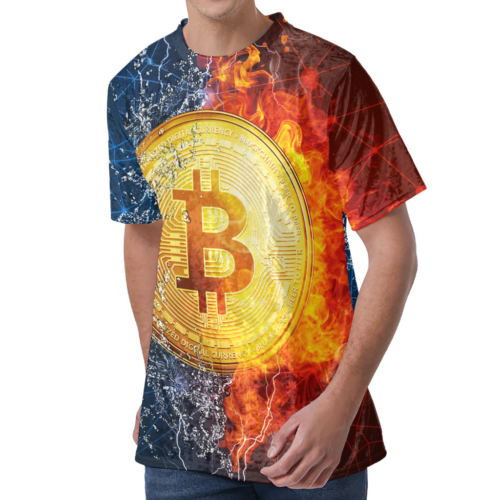 Fire And Water Bitcoin Print Men's Velvet T-Shirt