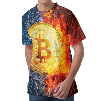 Fire And Water Bitcoin Print Men's Velvet T-Shirt