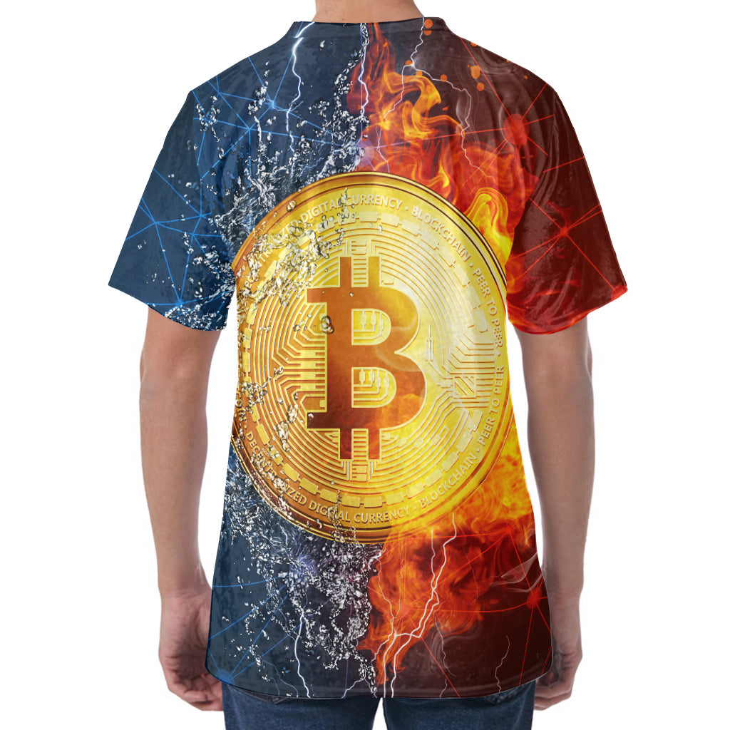 Fire And Water Bitcoin Print Men's Velvet T-Shirt