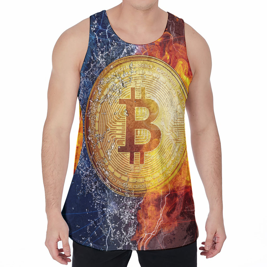 Fire And Water Bitcoin Print Men's Velvet Tank Top