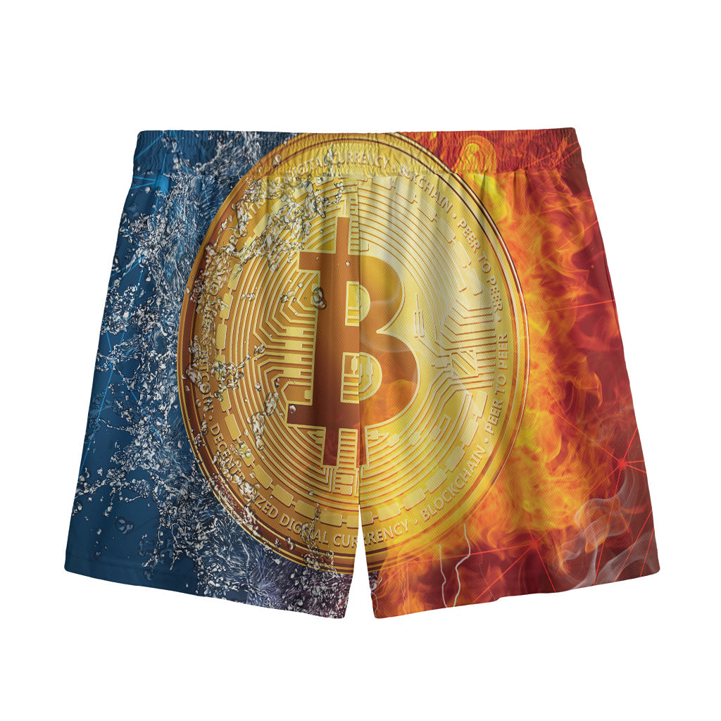 Fire And Water Bitcoin Print Mesh Shorts