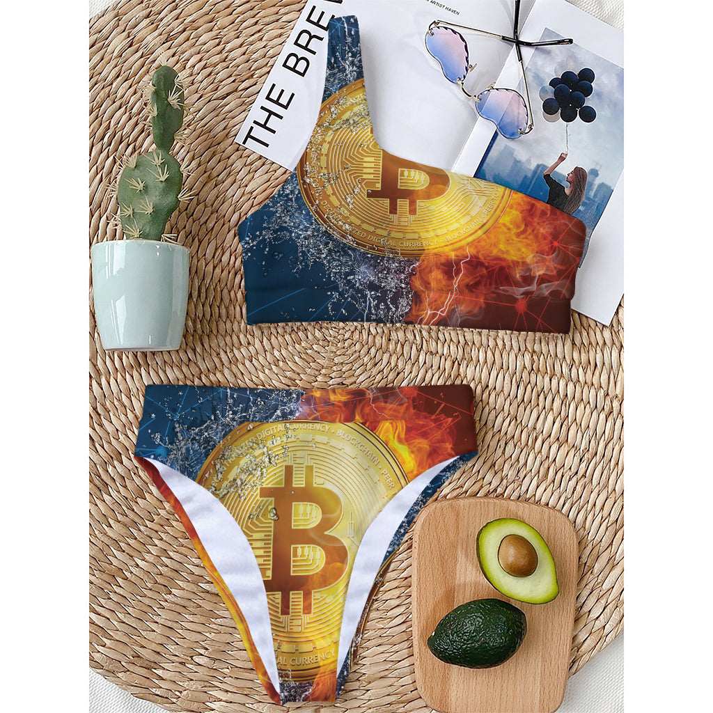 Fire And Water Bitcoin Print One Shoulder Bikini Top