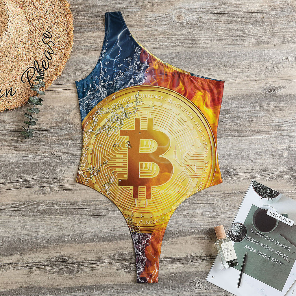 Fire And Water Bitcoin Print One Shoulder Bodysuit