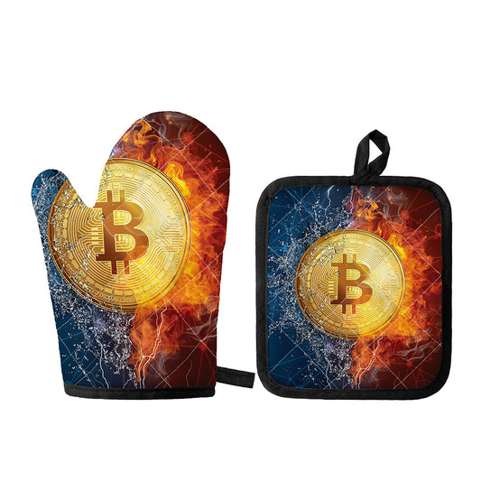 Fire And Water Bitcoin Print Oven Mitt And Pot Holder Set