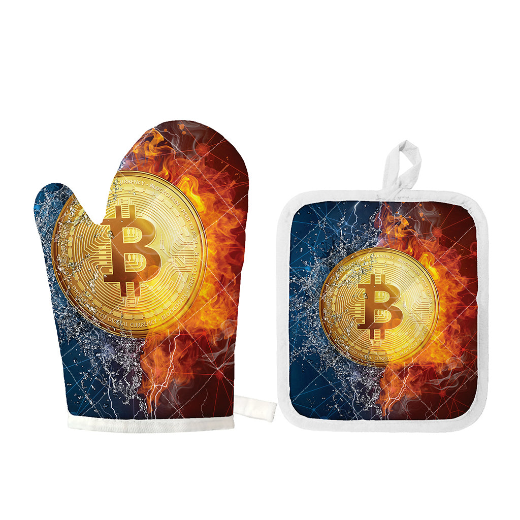 Fire And Water Bitcoin Print Oven Mitt And Pot Holder Set
