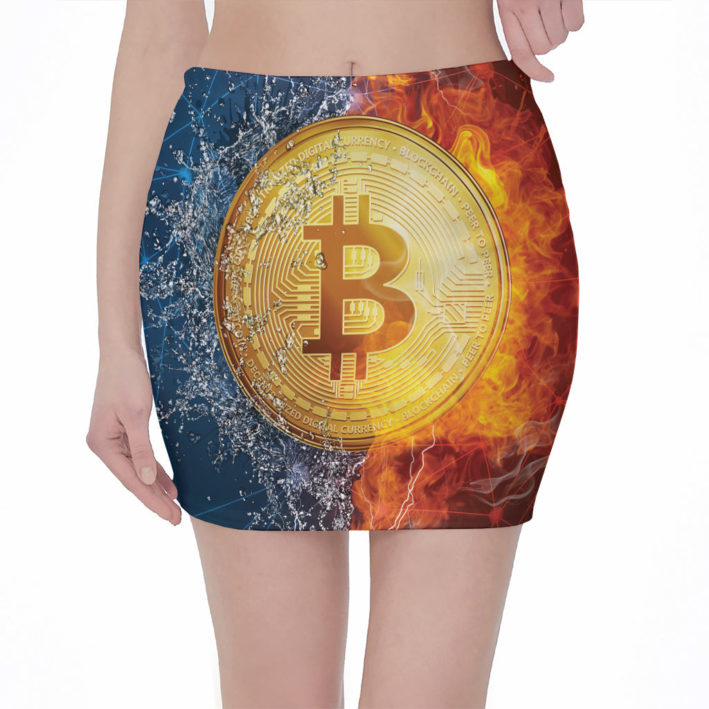 Fire And Water Bitcoin Print Pencil Mini Skirt