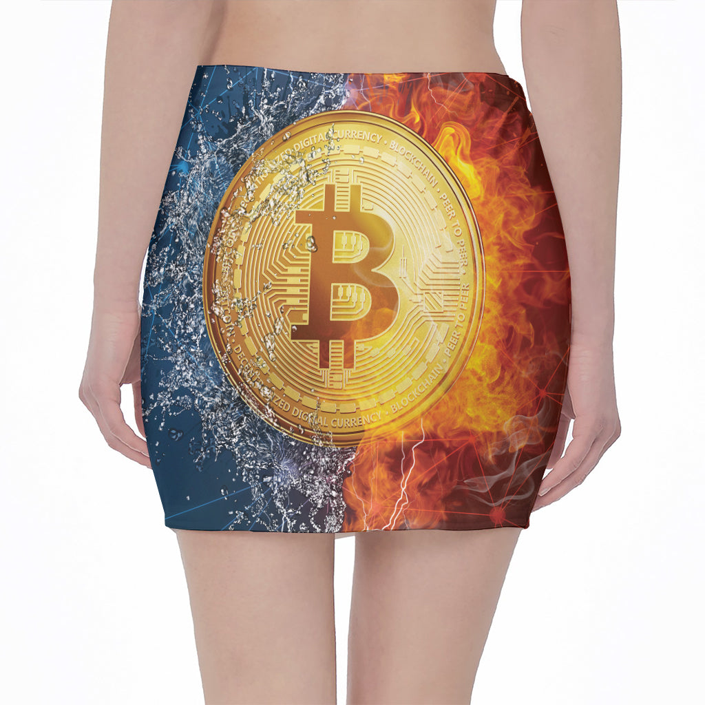 Fire And Water Bitcoin Print Pencil Mini Skirt