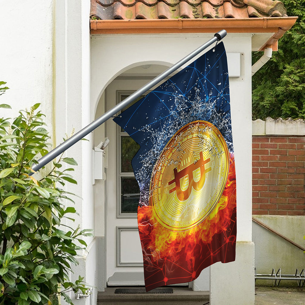 Fire And Water Bitcoin Print Polyester Flag