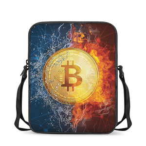 Fire And Water Bitcoin Print Rectangular Crossbody Bag