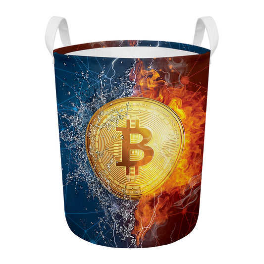 Fire And Water Bitcoin Print Round Laundry Basket