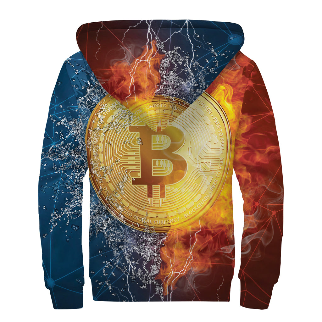 Fire And Water Bitcoin Print Sherpa Lined Zip Up Hoodie