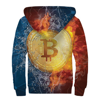 Fire And Water Bitcoin Print Sherpa Lined Zip Up Hoodie