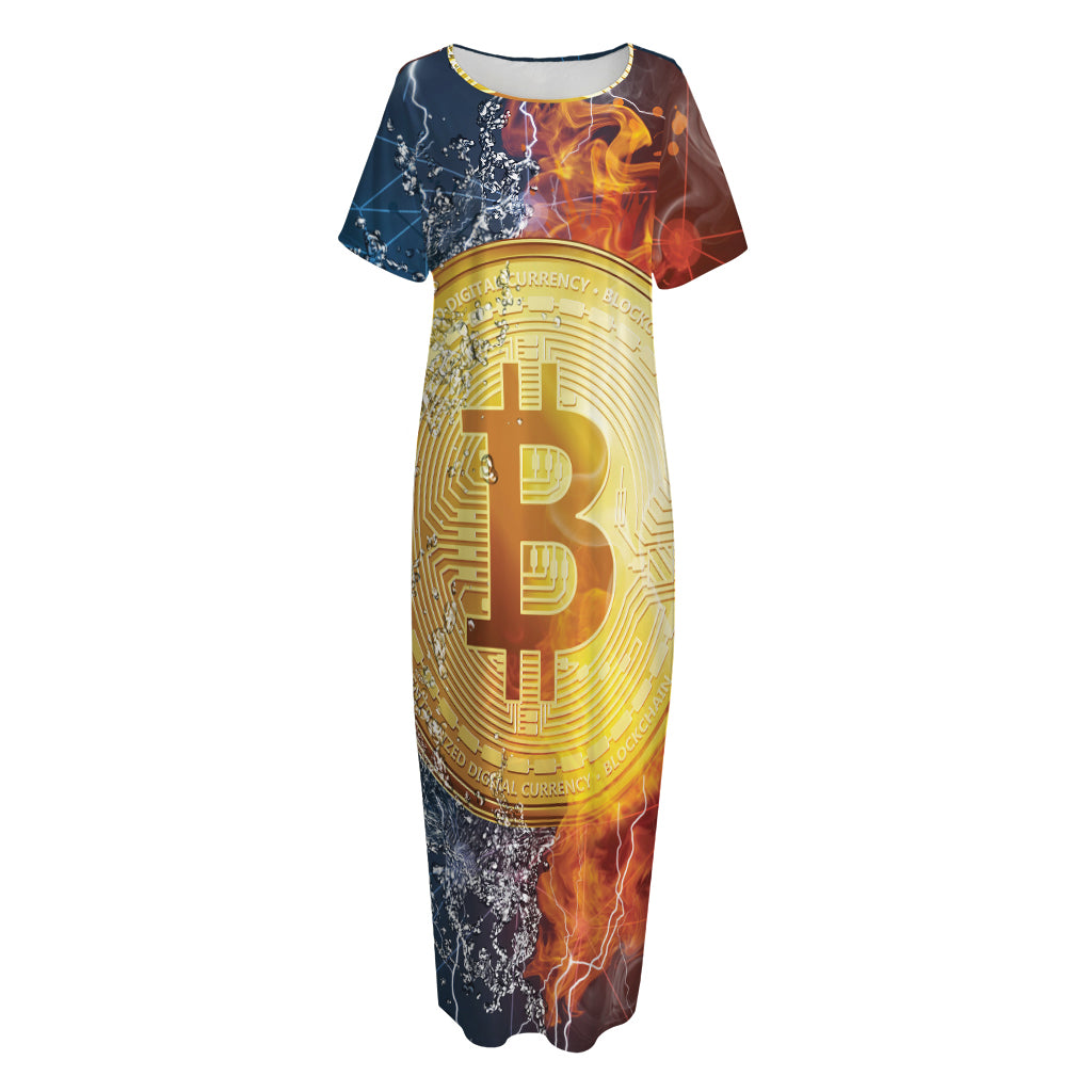 Fire And Water Bitcoin Print Short Sleeve Long Nightdress