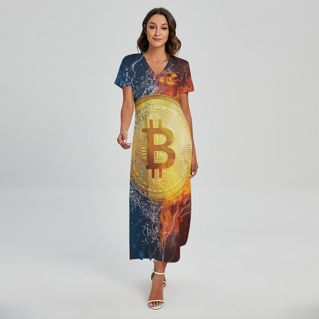 Fire And Water Bitcoin Print Short Sleeve Maxi Dress