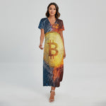 Fire And Water Bitcoin Print Short Sleeve Maxi Dress