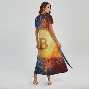 Fire And Water Bitcoin Print Short Sleeve Maxi Dress