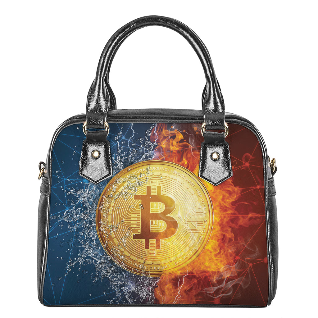 Fire And Water Bitcoin Print Shoulder Handbag