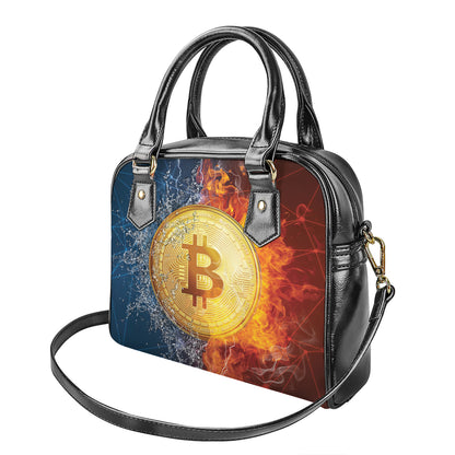 Fire And Water Bitcoin Print Shoulder Handbag