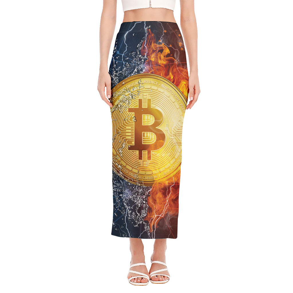 Fire And Water Bitcoin Print Side Slit Maxi Skirt