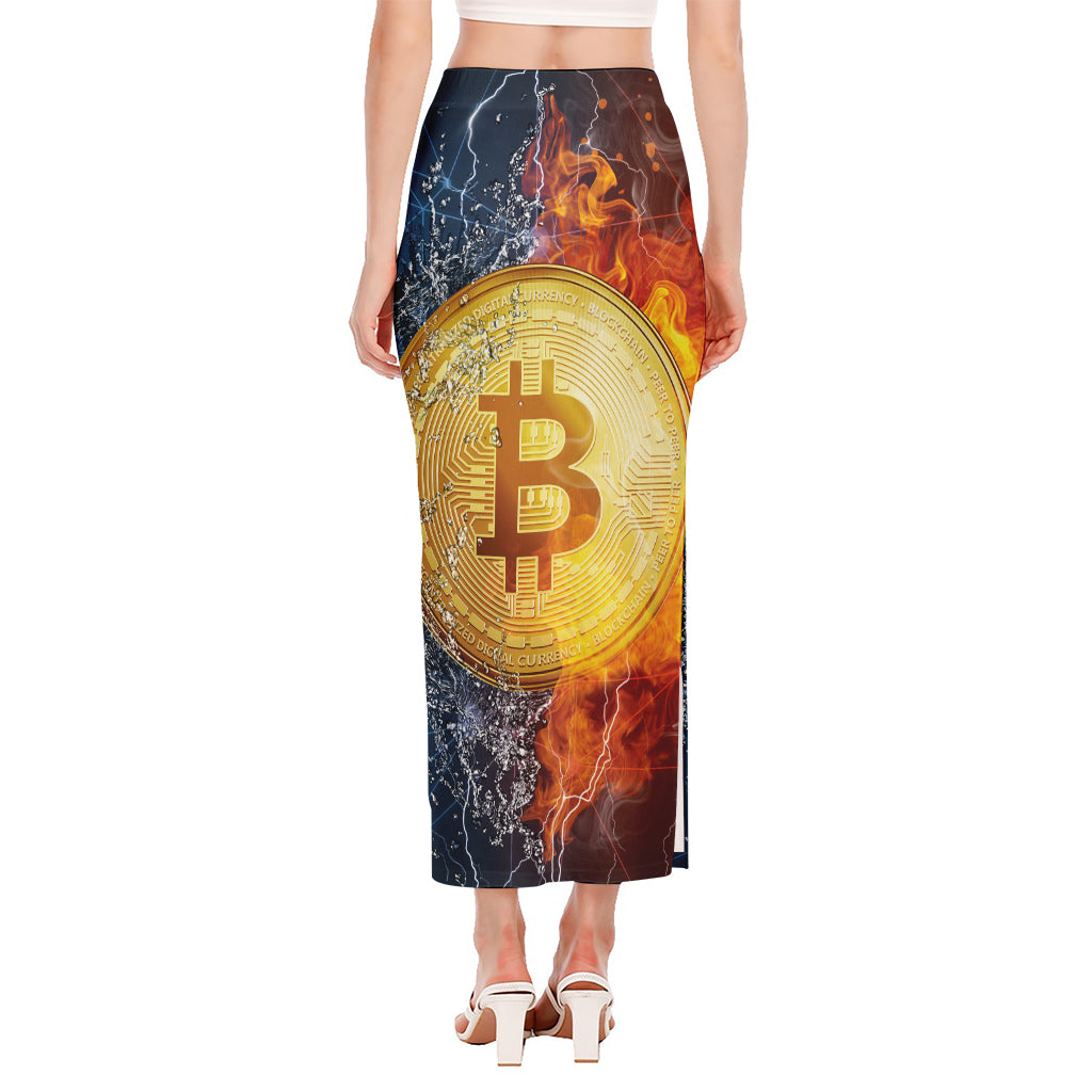 Fire And Water Bitcoin Print Side Slit Maxi Skirt