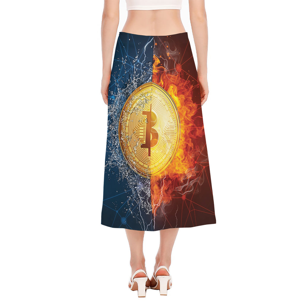 Fire And Water Bitcoin Print Side Slit Midi Skirt