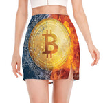 Fire And Water Bitcoin Print Side Slit Mini Skirt