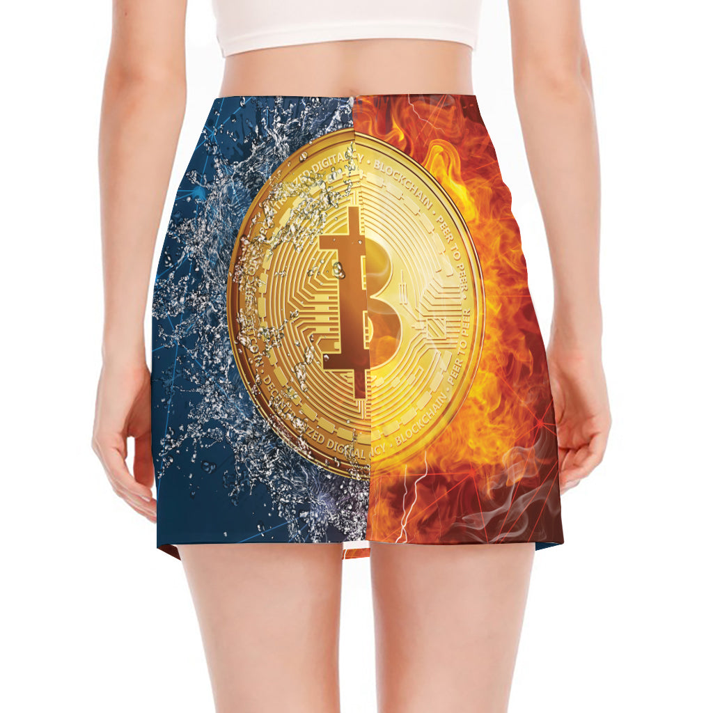 Fire And Water Bitcoin Print Side Slit Mini Skirt