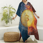 Fire And Water Bitcoin Print Silk V-Neck Kaftan Dress