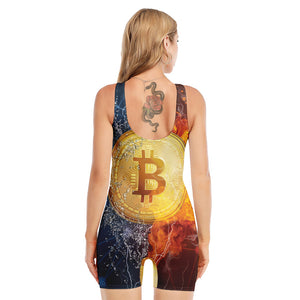 Fire And Water Bitcoin Print Sleeveless One Piece Swimsuit