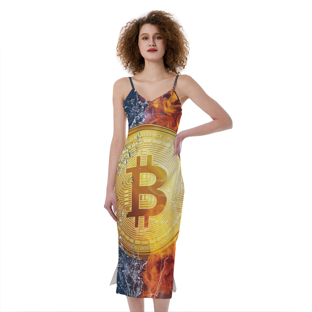 Fire And Water Bitcoin Print Slim Fit Midi Cami Dress