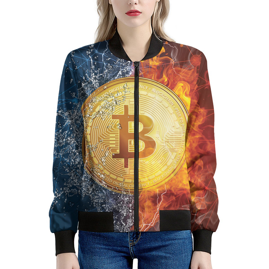 Fire And Water Bitcoin Print Women's Bomber Jacket