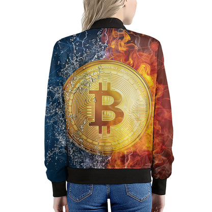 Fire And Water Bitcoin Print Women's Bomber Jacket
