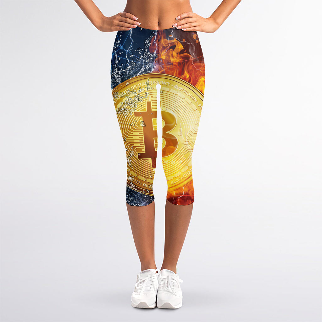 Fire And Water Bitcoin Print Women's Capri Leggings