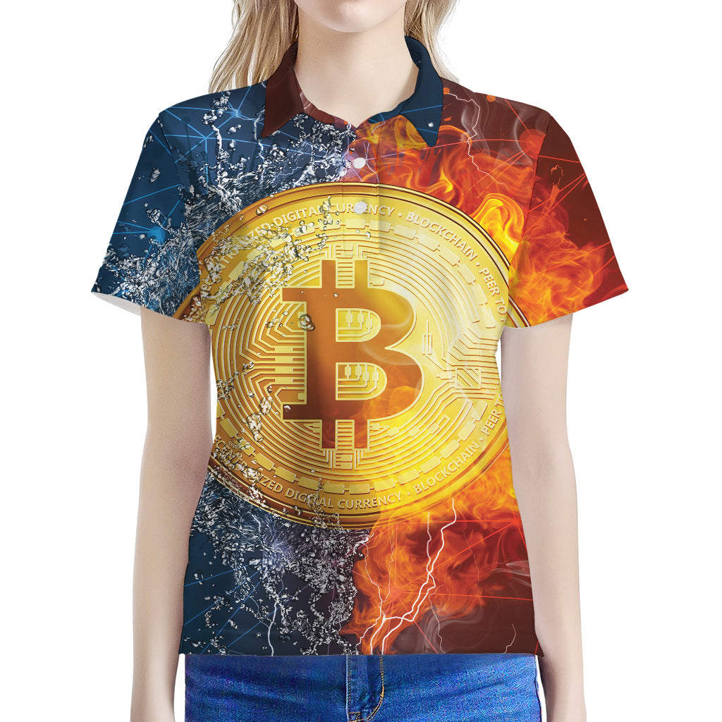 Fire And Water Bitcoin Print Women's Polo Shirt