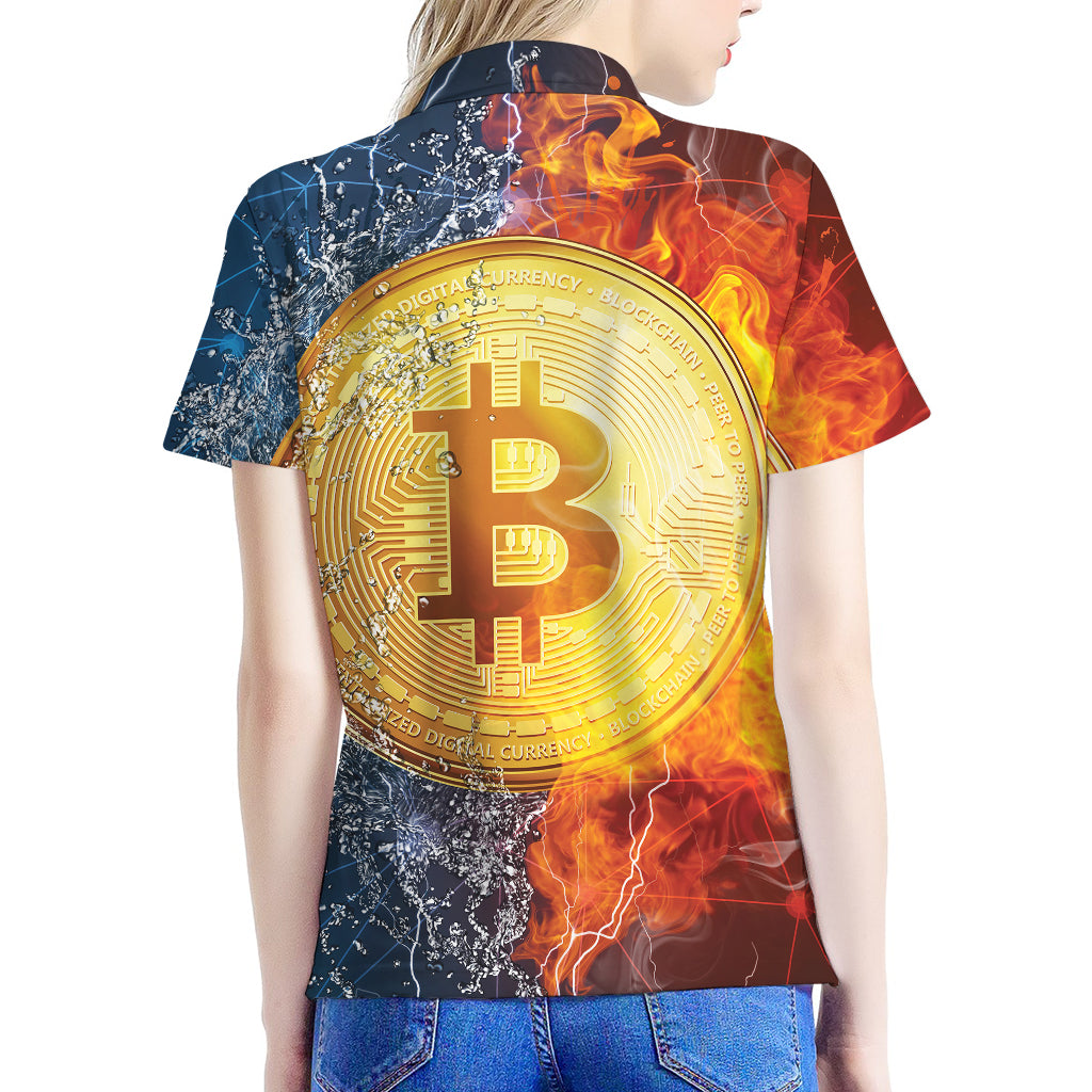 Fire And Water Bitcoin Print Women's Polo Shirt