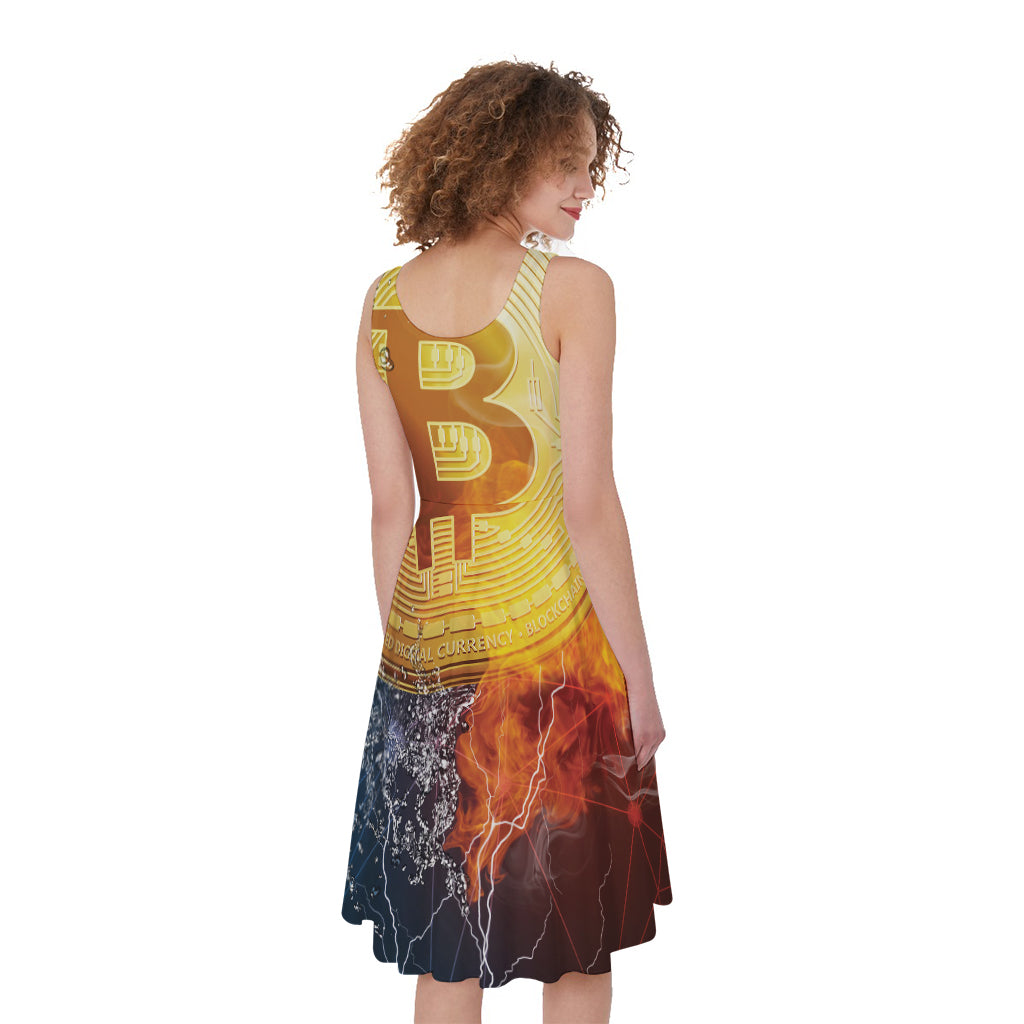 Fire And Water Bitcoin Print Women's Sleeveless Dress