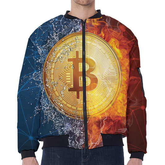 Fire And Water Bitcoin Print Zip Sleeve Bomber Jacket