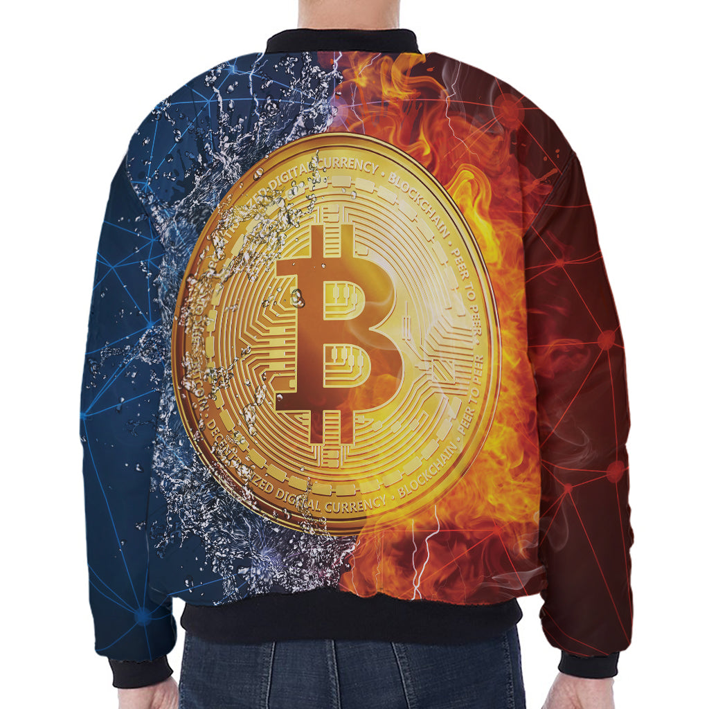 Fire And Water Bitcoin Print Zip Sleeve Bomber Jacket