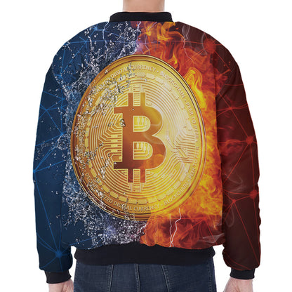 Fire And Water Bitcoin Print Zip Sleeve Bomber Jacket