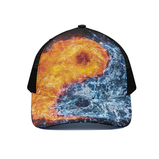 Fire And Water Yin Yang Print Black Mesh Trucker Cap