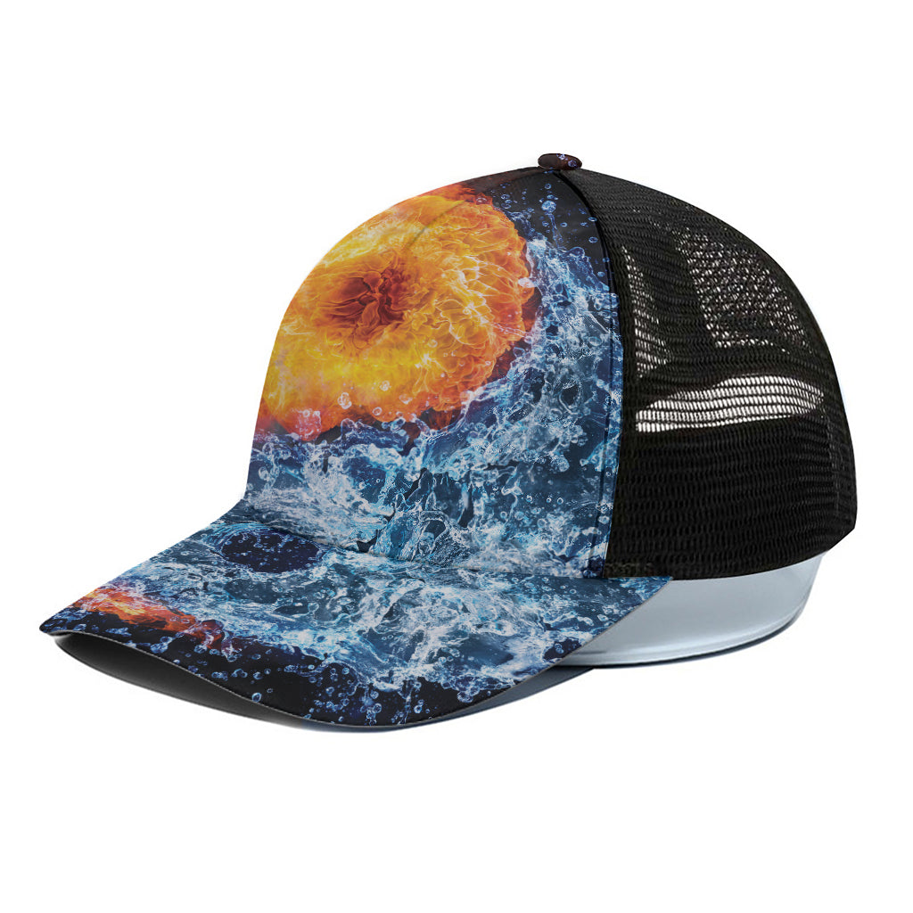 Fire And Water Yin Yang Print Black Mesh Trucker Cap