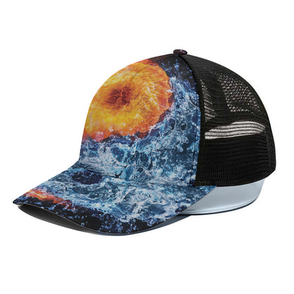 Fire And Water Yin Yang Print Black Mesh Trucker Cap