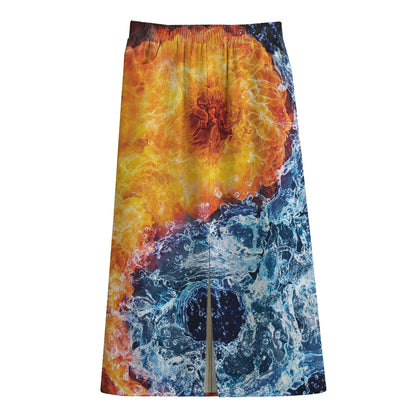 Fire And Water Yin Yang Print Cotton Front Slit Maxi Skirt
