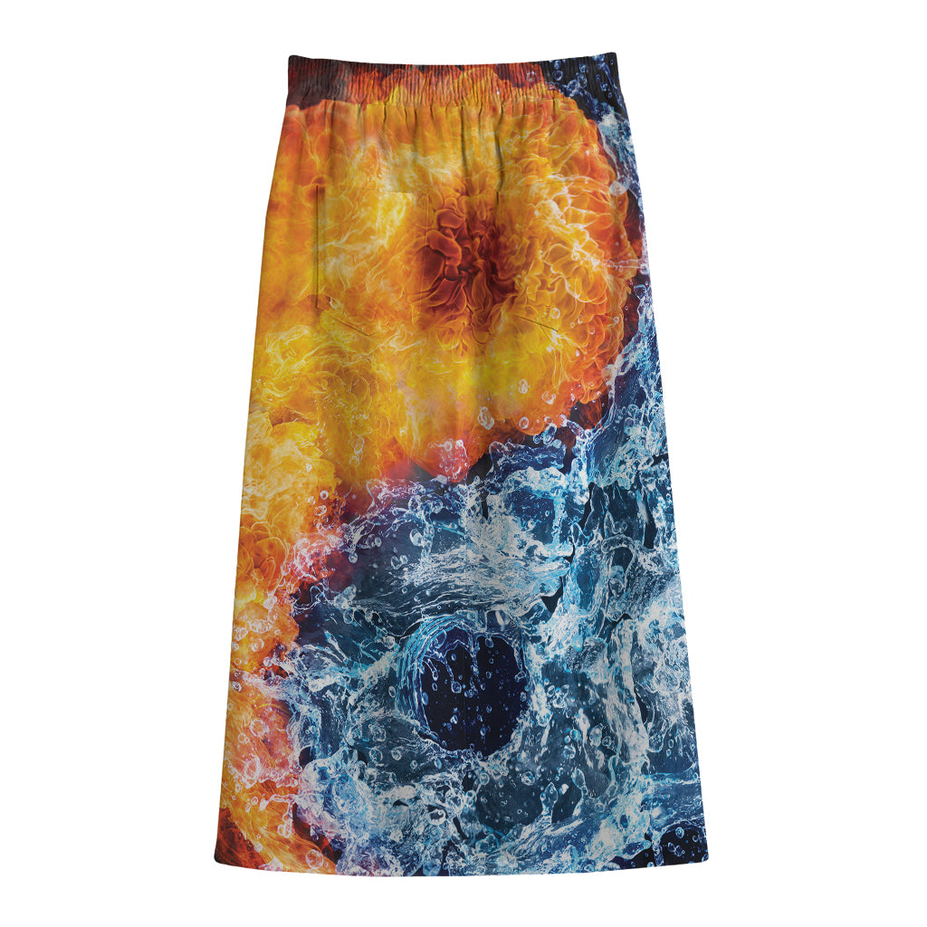 Fire And Water Yin Yang Print Cotton Front Slit Maxi Skirt