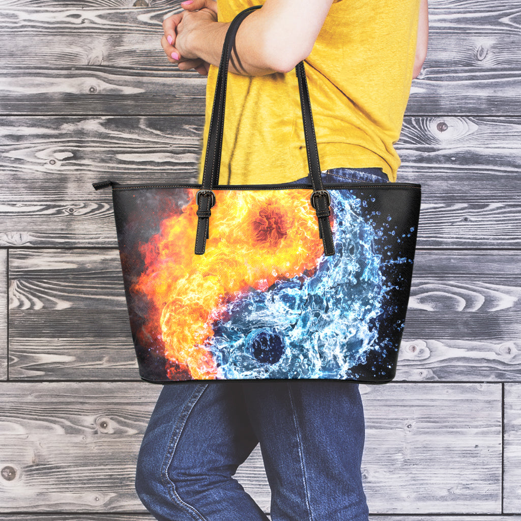Fire And Water Yin Yang Print Leather Tote Bag