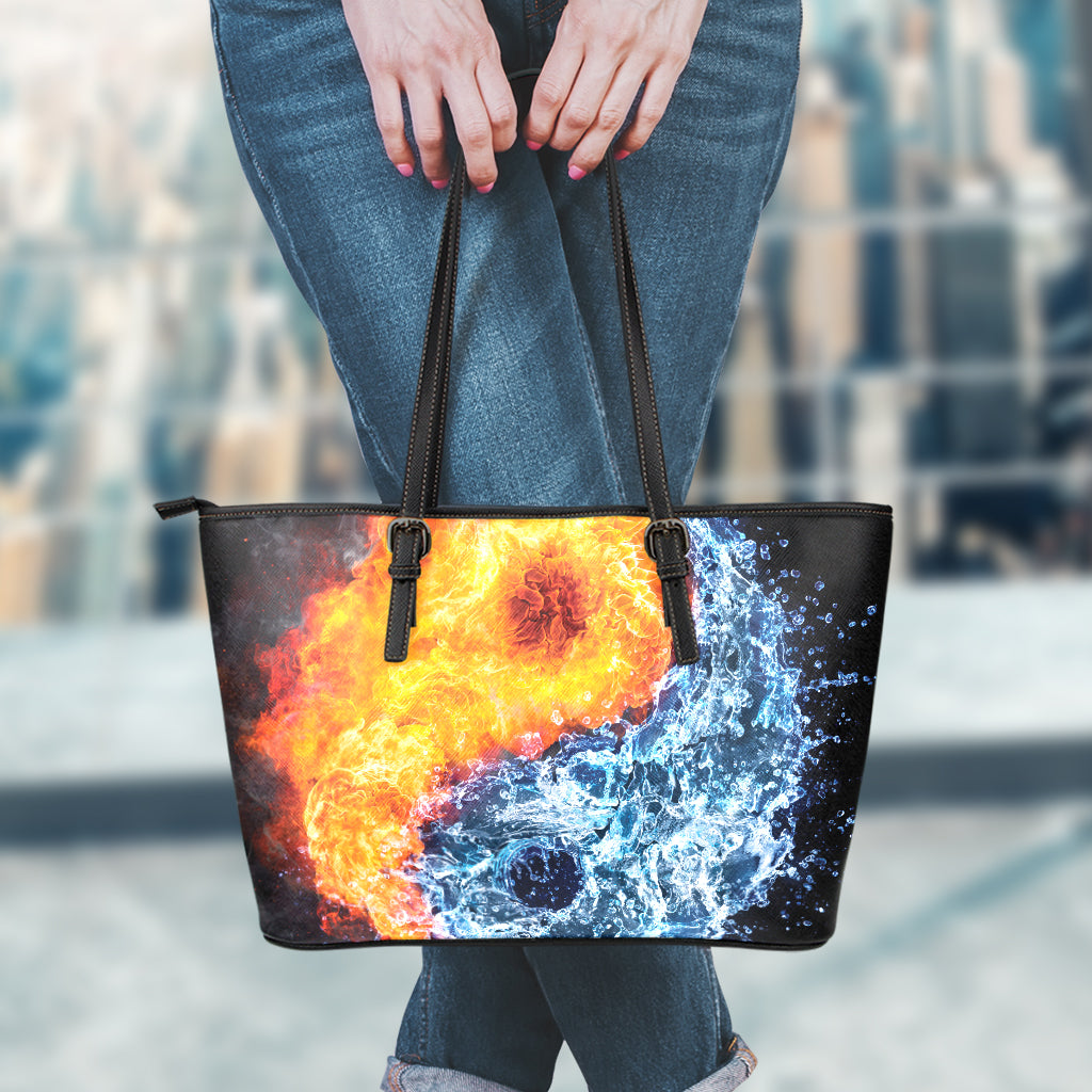 Fire And Water Yin Yang Print Leather Tote Bag