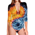 Fire And Water Yin Yang Print Long Sleeve Swimsuit